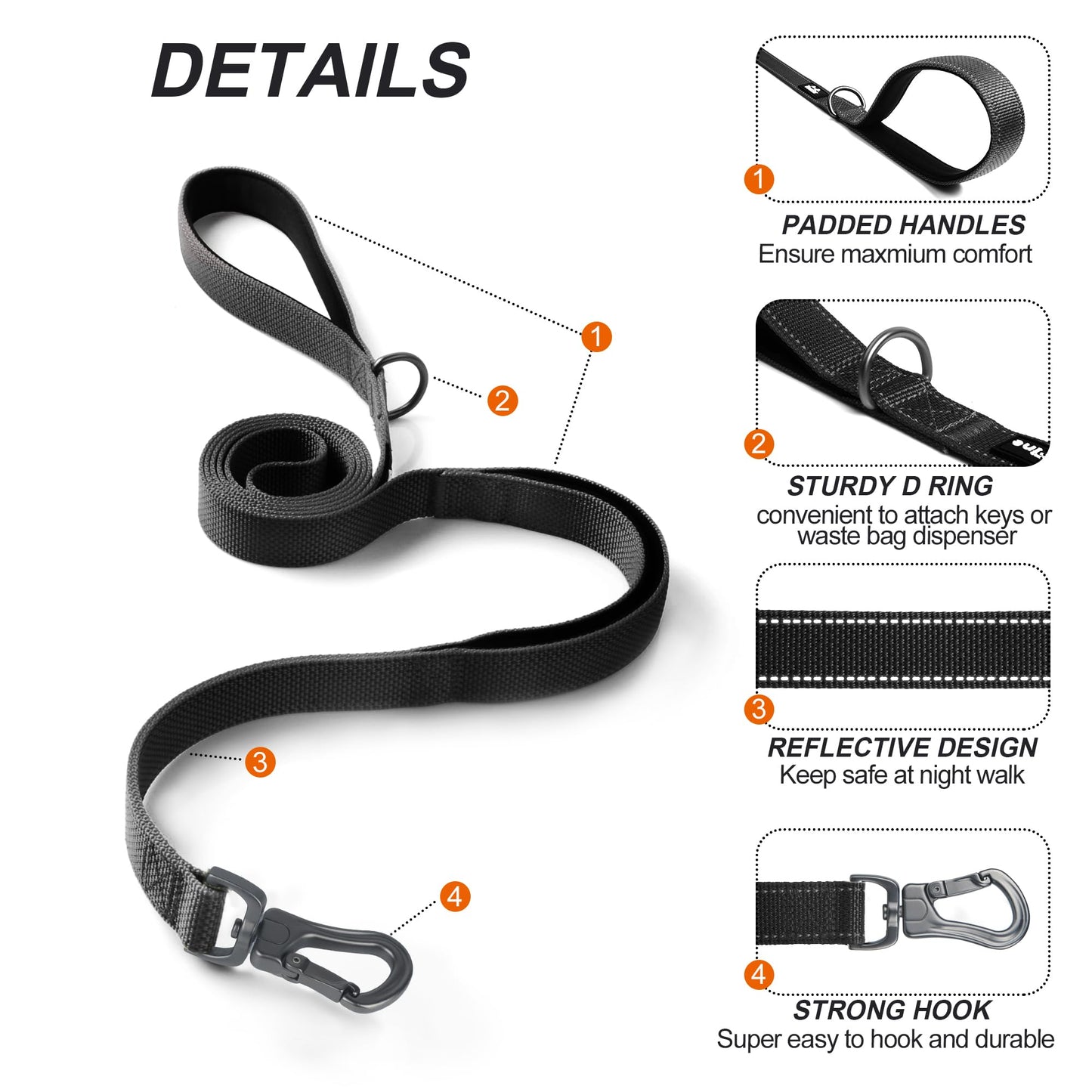 Reflective Dual Handle Dog Leash for Walking Control