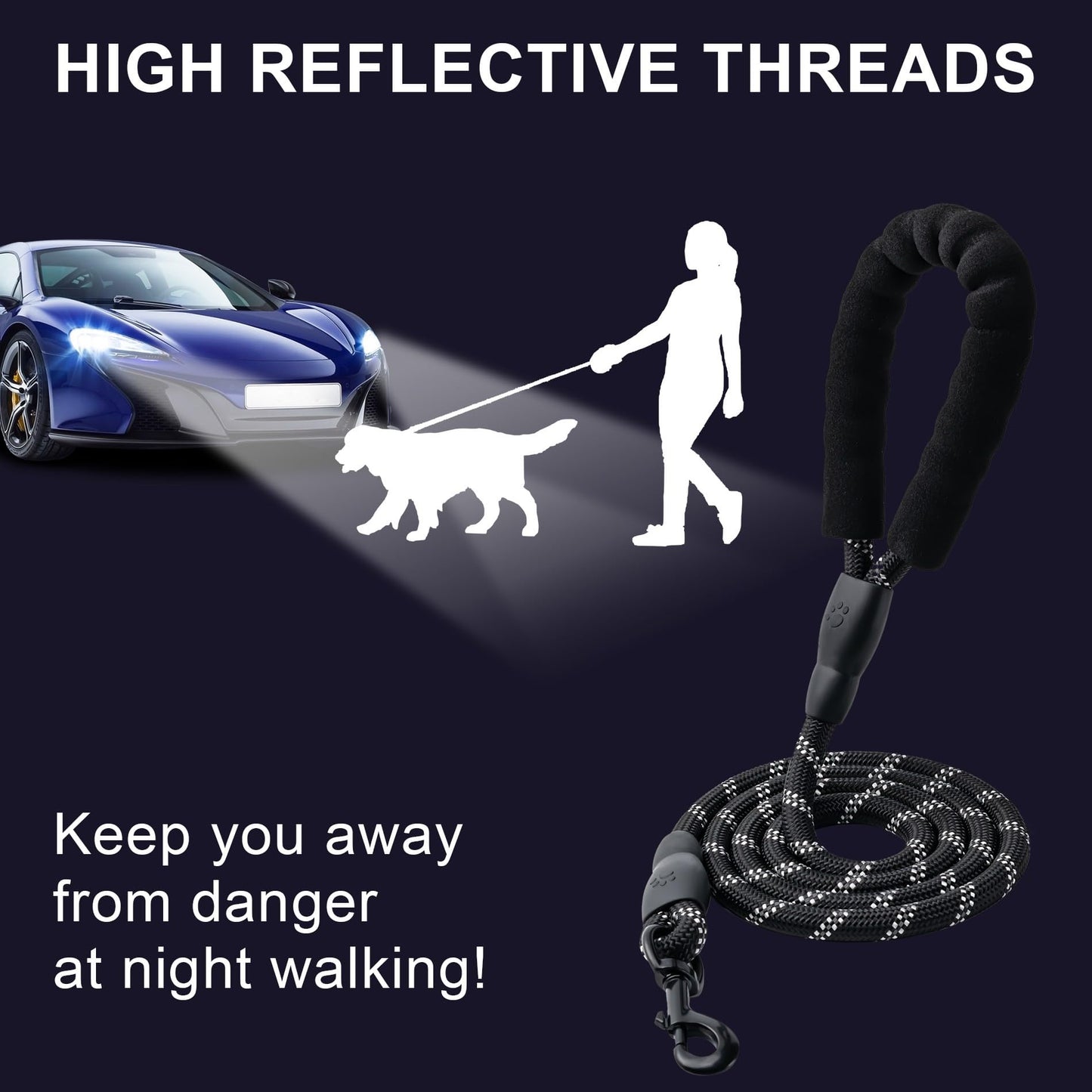 Reflective Rope Dog Leash with Padded Handle