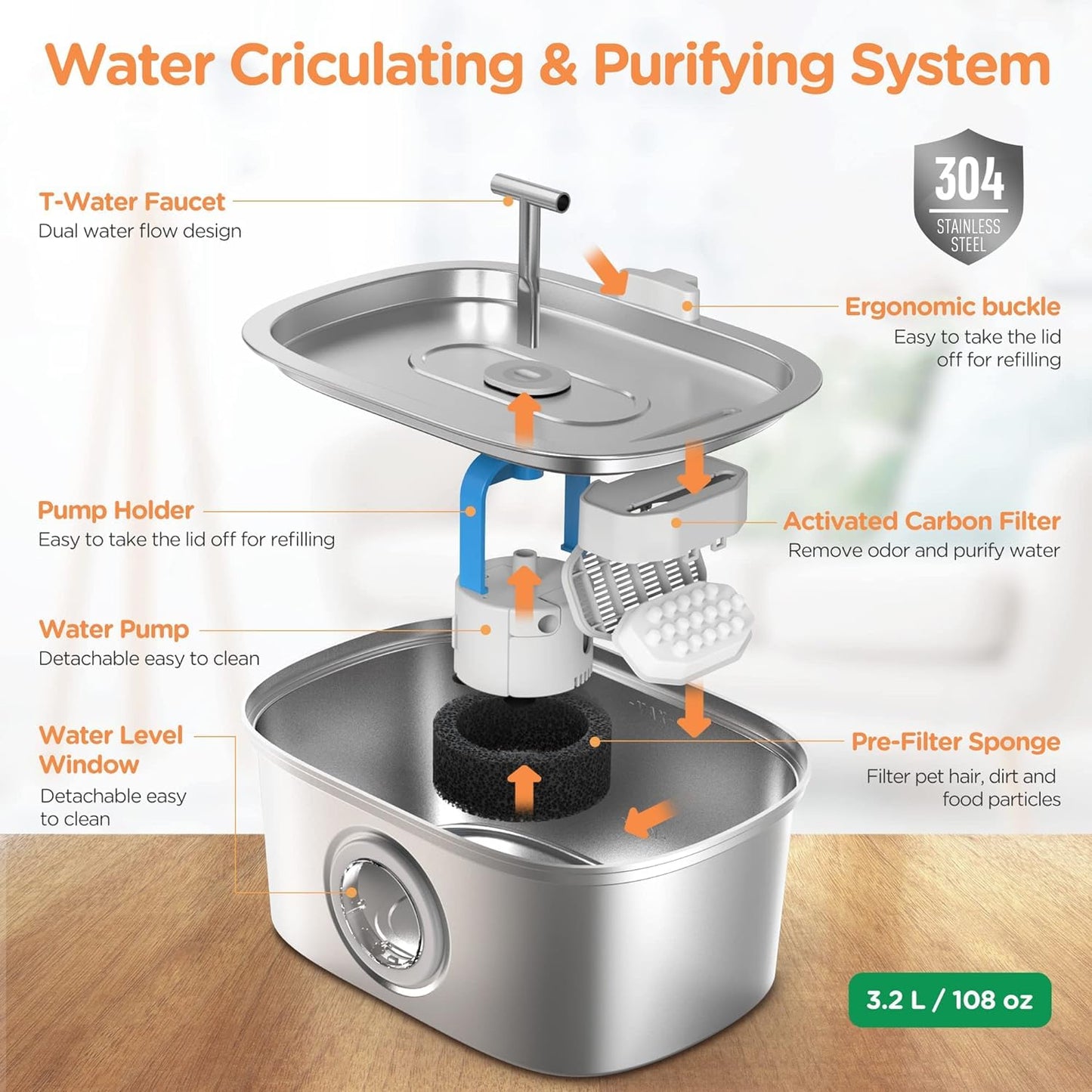 Rellaty Cat Water Fountain Stainless Steel
