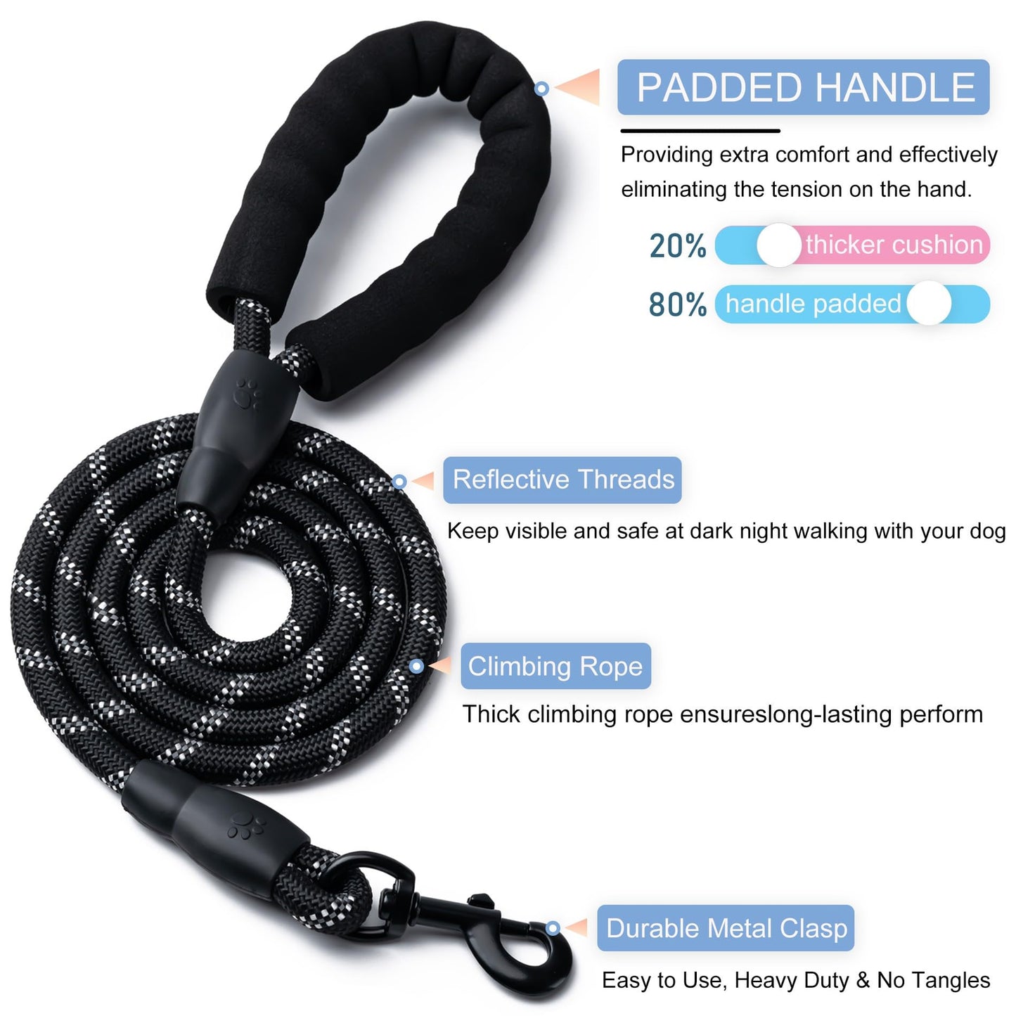 Reflective Rope Dog Leash with Padded Handle