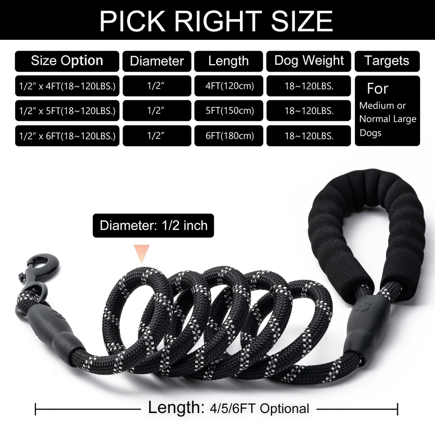 Reflective Rope Dog Leash with Padded Handle