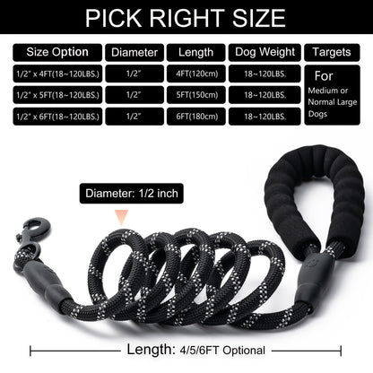 Reflective Rope Dog Leash with Padded Handle