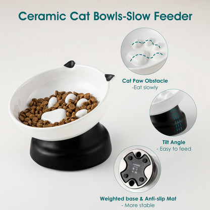 Elevated Ceramic Slow Feeder Bowl for Cats & Small Dogs