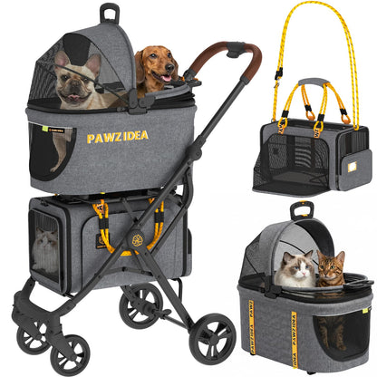 Double Pet Stroller with Detachable Carriers for Small Pets