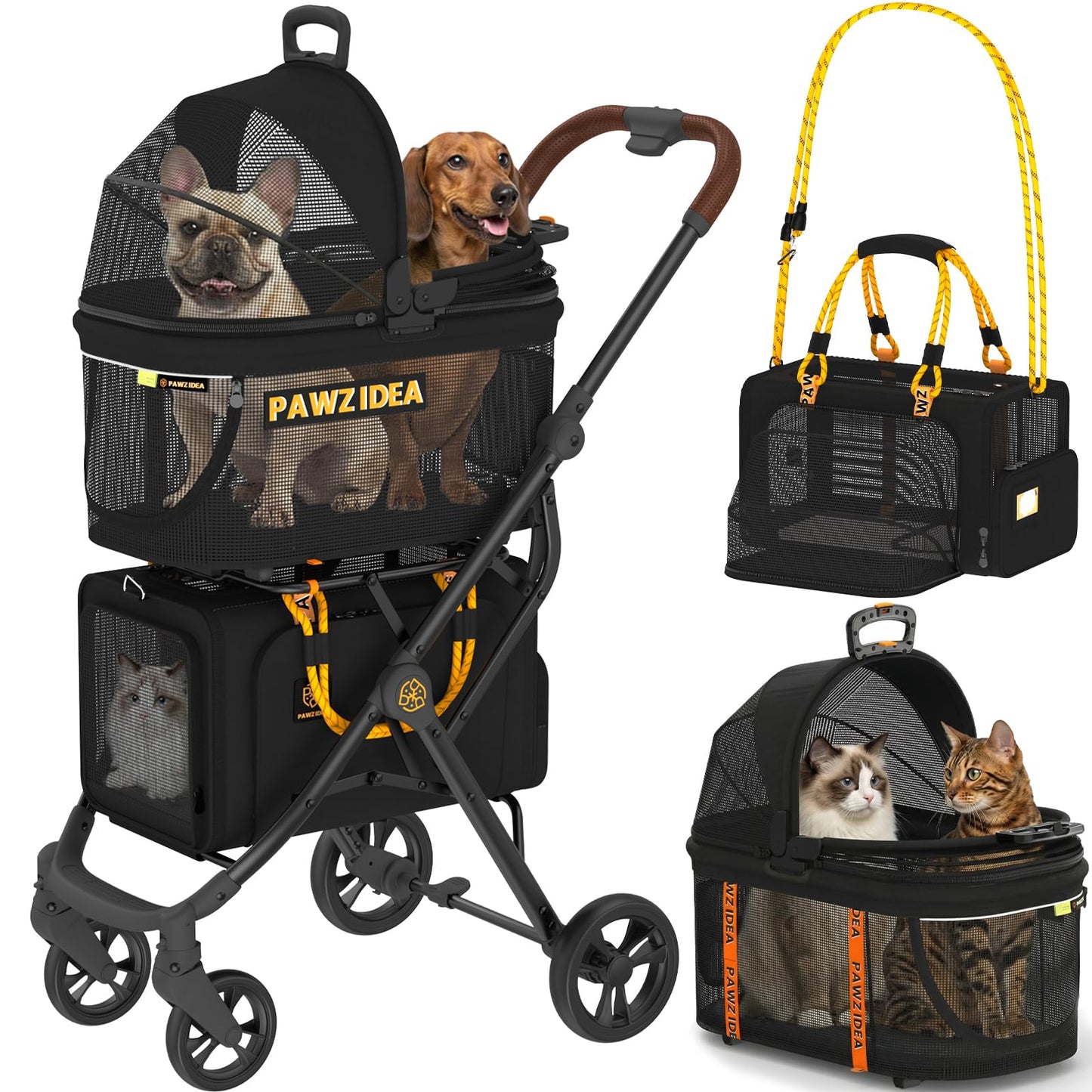 Double Pet Stroller with Detachable Carriers for Small Pets