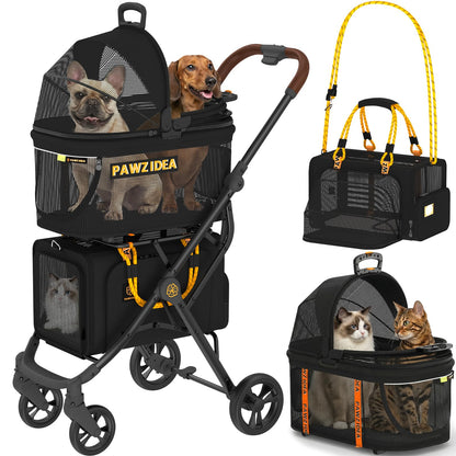 Double Pet Stroller with Detachable Carriers for Small Pets